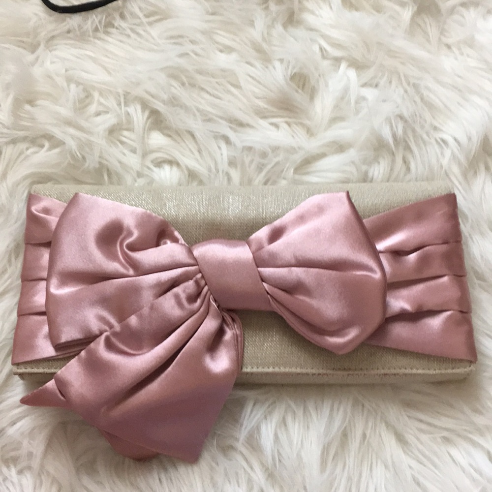 COPY - Clutch- Pretty metallic linen and pink satin bow
